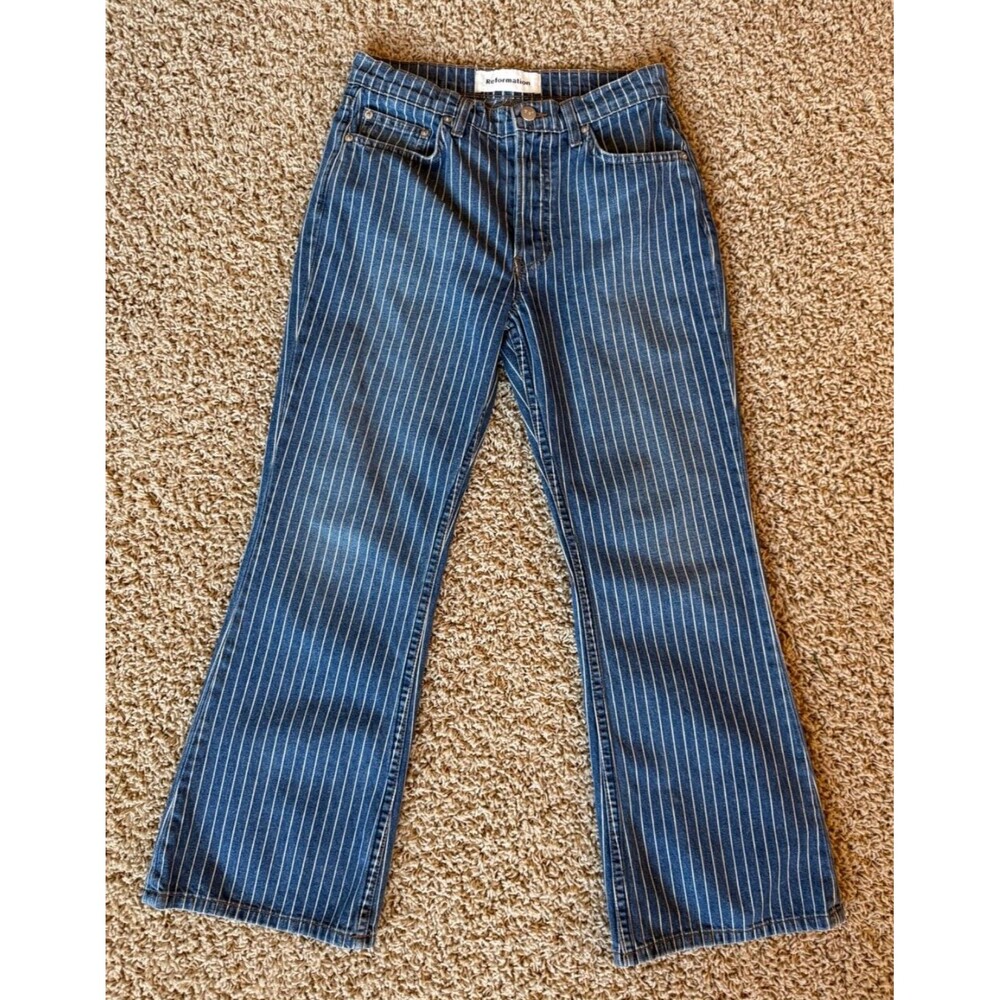Reformation Mid Crop Flare Jeans Mesa Stripe Pinstripe Denim Sz 26 Blue White